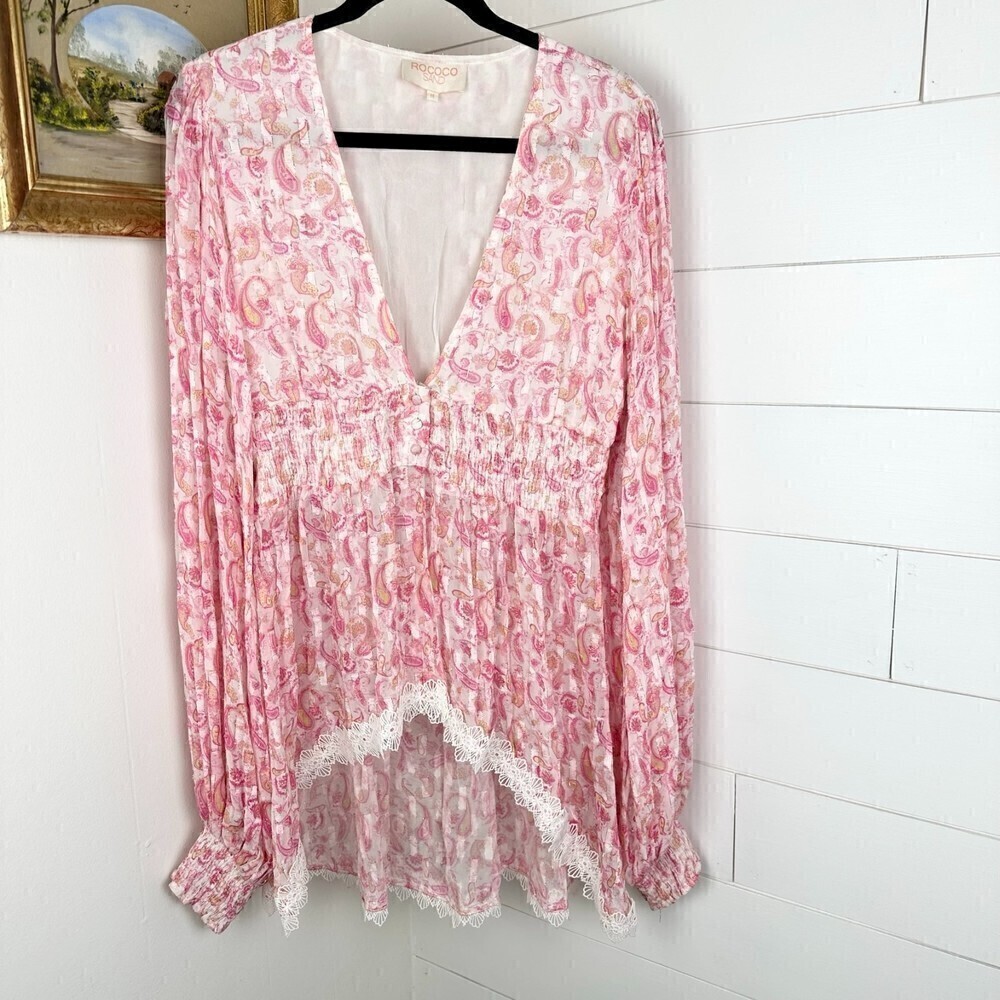 Rococo Sand Candy Blouse Pink Paisley Metallic Long Sleeve Size Medium - Picture 5 of 12